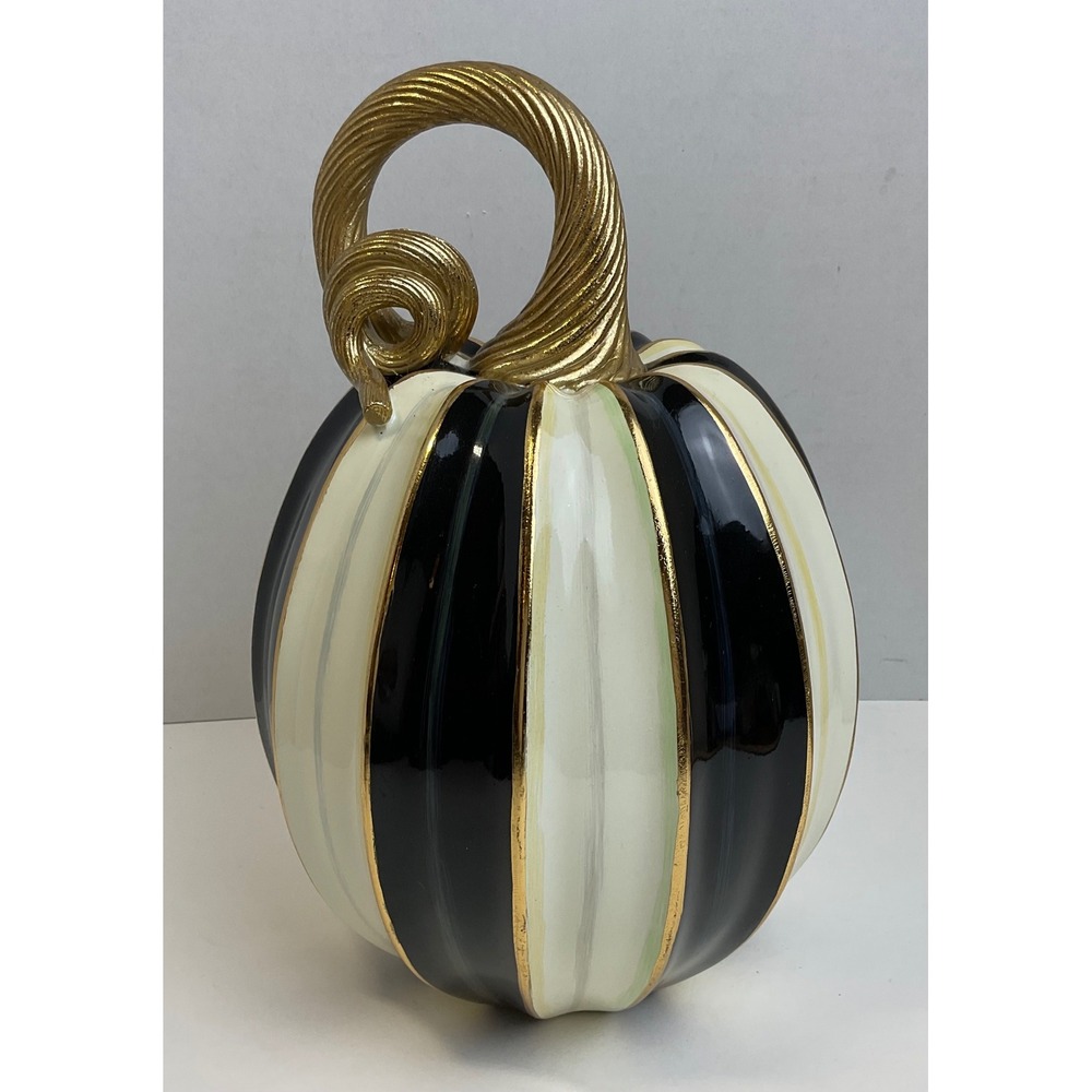 MacKenzie-Childs Black White Gold Striped Pumpkin Figurine 11in Fall Decor